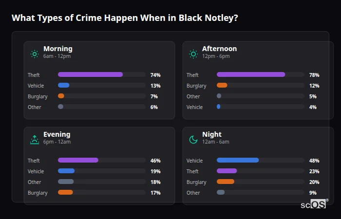 Crime types by time period for Black Notley - showing breakdown of burglary, violence, theft, and vehicle crime by morning, afternoon, evening, and night