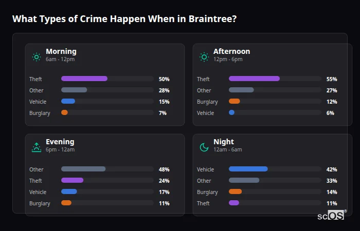 What Types of Crime Happen When in Braintree? Crime types by time period for Braintree - showing breakdown of burglary, violence, theft, and vehicle crime by morning, afternoon, evening, and night