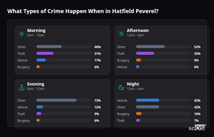 Crime types by time period for Hatfield Peverel - showing breakdown of burglary, violence, theft, and vehicle crime by morning, afternoon, evening, and night