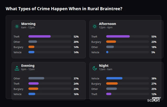 Crime types by time period for Rural Braintree - showing breakdown of burglary, violence, theft, and vehicle crime by morning, afternoon, evening, and night