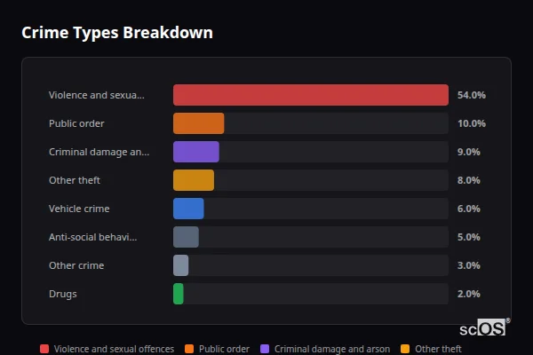 Crime Types Breakdown - Silver End Crime Types Breakdown for Silver End - showing Violence and sexual offences (54%), Public order (10%), Criminal damage and arson (9%)