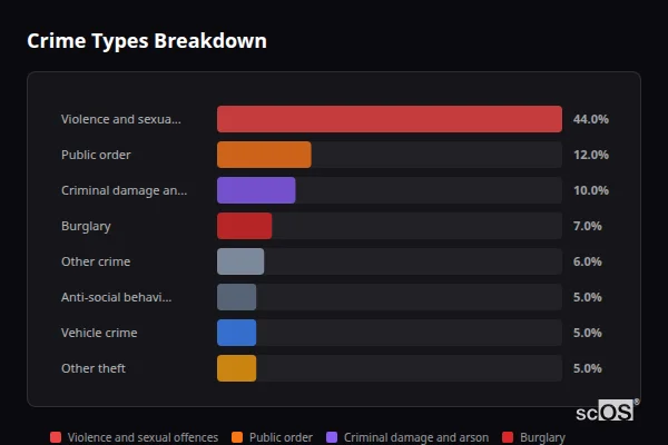 Crime Types Breakdown for Steeple Bumpstead - showing Violence and sexual offences (44%), Public order (12%), Criminal damage and arson (10%)