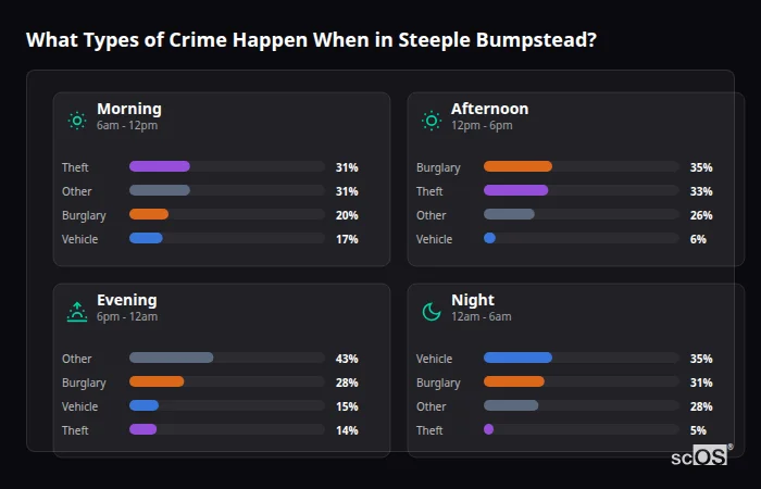 Crime types by time period for Steeple Bumpstead - showing breakdown of burglary, violence, theft, and vehicle crime by morning, afternoon, evening, and night