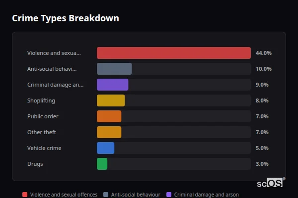 Crime Types Breakdown for Witham - showing Violence and sexual offences (44%), Anti-social behaviour (10%), Criminal damage and arson (9%)