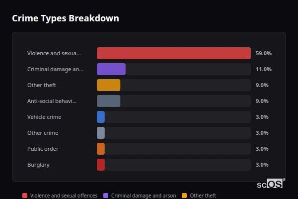 Crime Types Breakdown for Ashill - showing Violence and sexual offences (59%), Criminal damage and arson (11%), Other theft (9%)