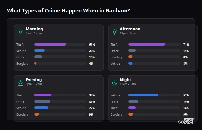 Crime types by time period for Banham - showing breakdown of burglary, violence, theft, and vehicle crime by morning, afternoon, evening, and night