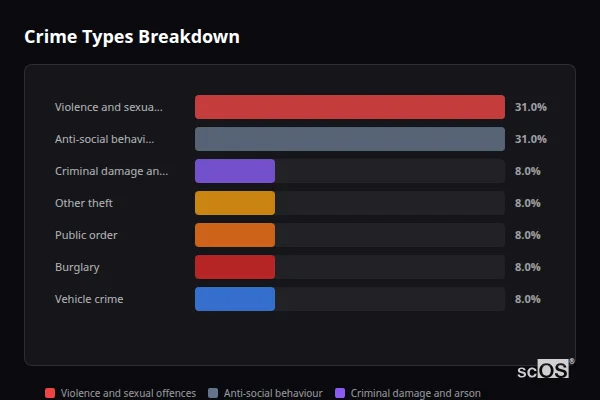 Crime Types Breakdown for Bradenham - showing Violence and sexual offences (31%), Anti-social behaviour (31%), Criminal damage and arson (8%)
