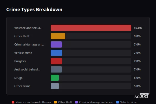 Crime Types Breakdown - Great Hockham Crime Types Breakdown for Great Hockham - showing Violence and sexual offences (50%), Other theft (9%), Criminal damage and arson (7%)