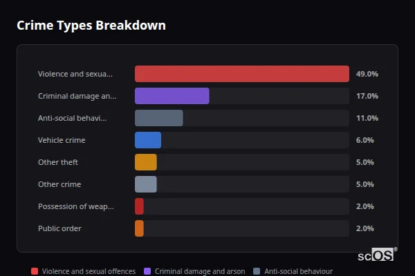 Crime Types Breakdown for Hockering - showing Violence and sexual offences (49%), Criminal damage and arson (17%), Anti-social behaviour (11%)