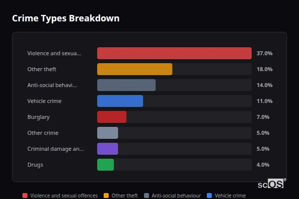Crime Types Breakdown - Mundford Crime Types Breakdown for Mundford - showing Violence and sexual offences (37%), Other theft (18%), Anti-social behaviour (14%)