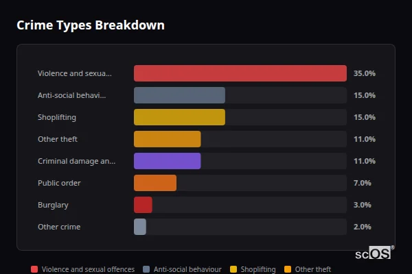 Crime Types Breakdown for Necton - showing Violence and sexual offences (35%), Anti-social behaviour (15%), Shoplifting (15%)