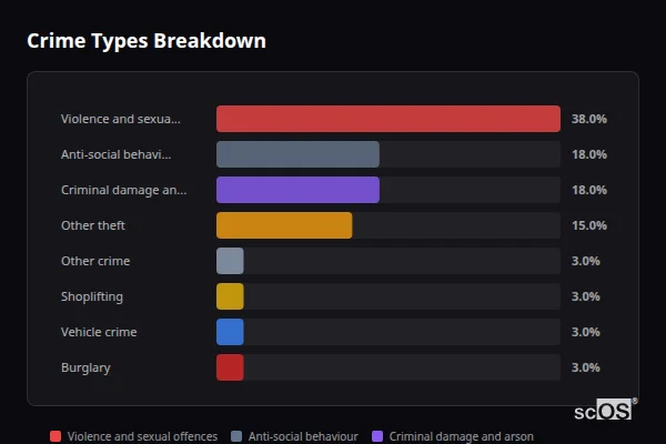 Crime Types Breakdown - North Elmham Crime Types Breakdown for North Elmham - showing Violence and sexual offences (38%), Anti-social behaviour (18%), Criminal damage and arson (18%)
