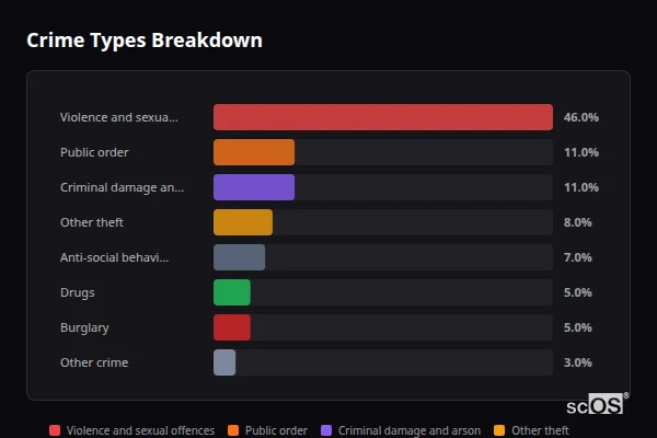 Crime Types Breakdown - North Lopham Crime Types Breakdown for North Lopham - showing Violence and sexual offences (46%), Public order (11%), Criminal damage and arson (11%)