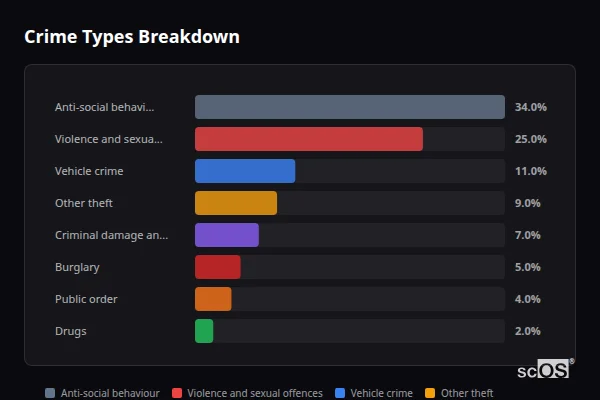 Crime Types Breakdown for Rural Brent - showing Anti-social behaviour (34%), Violence and sexual offences (25%), Vehicle crime (11%)