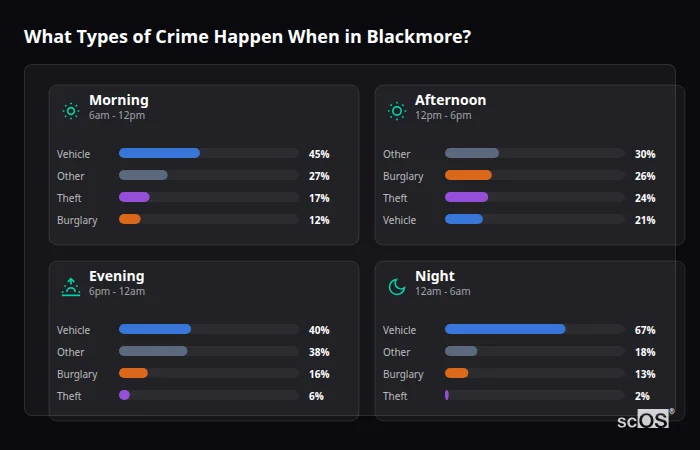 What Types of Crime Happen When in Blackmore? Crime types by time period for Blackmore - showing breakdown of burglary, violence, theft, and vehicle crime by morning, afternoon, evening, and night