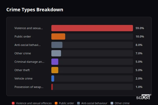 Crime Types Breakdown for Bettws - showing Violence and sexual offences (59%), Public order (10%), Anti-social behaviour (8%)
