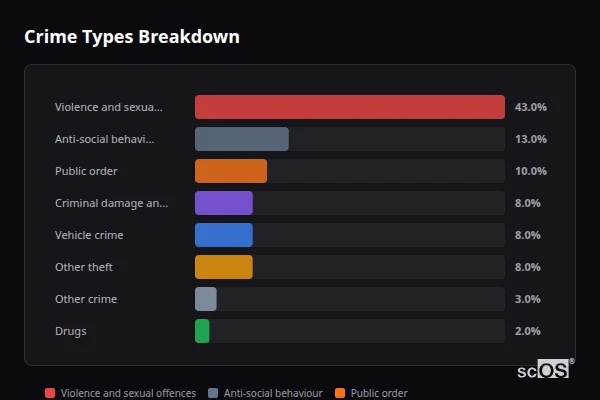 Crime Types Breakdown for Nant-y-moel - showing Violence and sexual offences (43%), Anti-social behaviour (13%), Public order (10%)