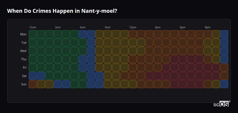 Crime time heatmap for Nant-y-moel - showing when crimes are most likely to occur by day and hour