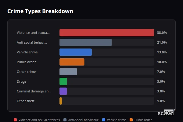 Crime Types Breakdown for Pont Rhyd-y-cyff - showing Violence and sexual offences (38%), Anti-social behaviour (21%), Vehicle crime (13%)