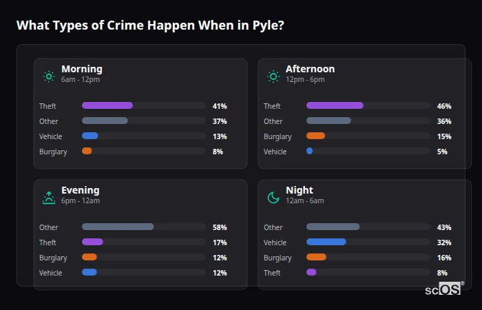 Crime types by time period for Pyle - showing breakdown of burglary, violence, theft, and vehicle crime by morning, afternoon, evening, and night