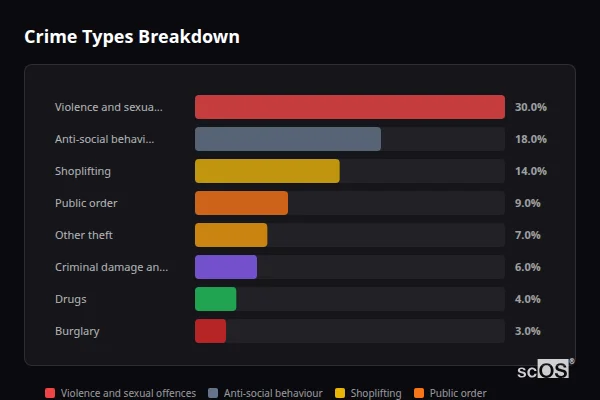 Crime Types Breakdown for Brighton and Hove - showing Violence and sexual offences (30%), Anti-social behaviour (17%), Shoplifting (14%)