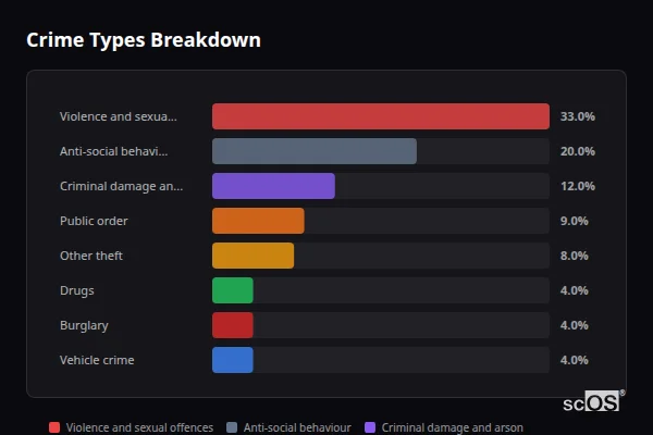 Crime Types Breakdown for Rural Brighton and Hove - showing Violence and sexual offences (33%), Anti-social behaviour (20%), Criminal damage and arson (12%)