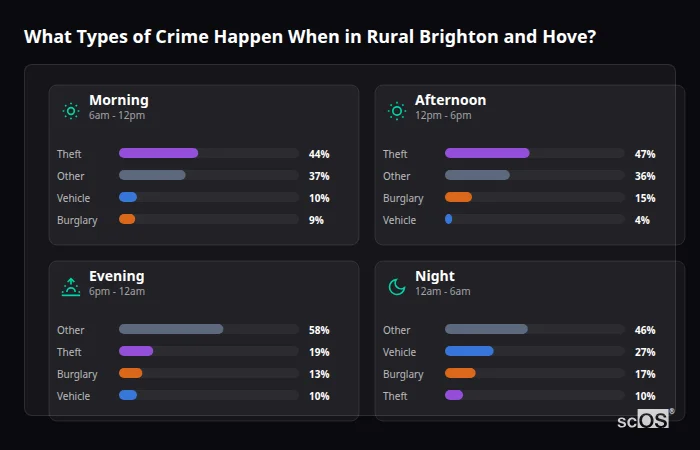 Crime types by time period for Rural Brighton and Hove - showing breakdown of burglary, violence, theft, and vehicle crime by morning, afternoon, evening, and night