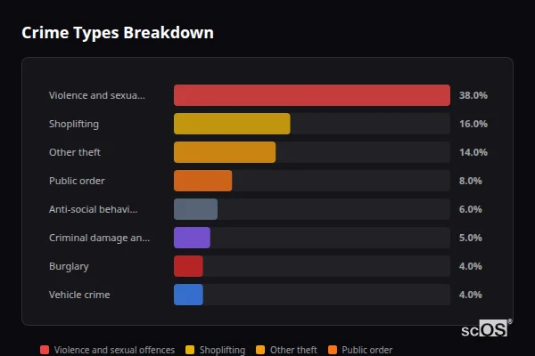 Crime Types Breakdown for Avonmouth - showing Violence and sexual offences (38%), Shoplifting (16%), Other theft (14%)