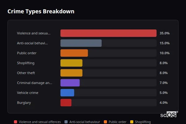 Crime Types Breakdown for Bristol - showing Violence and sexual offences (35%), Anti-social behaviour (15%), Public order (10%)