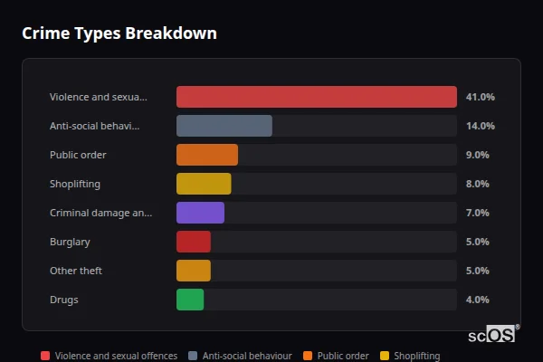 Crime Types Breakdown for Brundall - showing Violence and sexual offences (41%), Anti-social behaviour (14%), Public order (9%)
