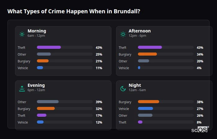 Crime types by time period for Brundall - showing breakdown of burglary, violence, theft, and vehicle crime by morning, afternoon, evening, and night
