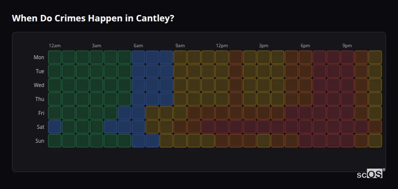 Crime time heatmap for Cantley - showing when crimes are most likely to occur by day and hour