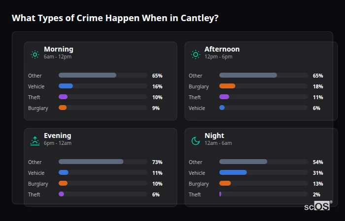 Crime types by time period for Cantley - showing breakdown of burglary, violence, theft, and vehicle crime by morning, afternoon, evening, and night