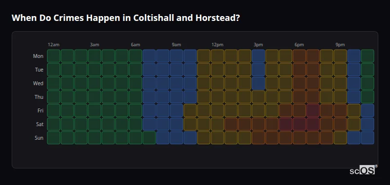 When Do Crimes Happen in Coltishall and Horstead? Crime time heatmap for Coltishall and Horstead - showing when crimes are most likely to occur by day and hour