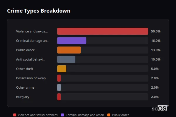 Crime Types Breakdown for Little Plumstead - showing Violence and sexual offences (50%), Criminal damage and arson (16%), Public order (13%)