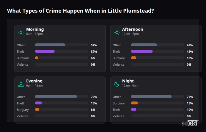Crime types by time period for Little Plumstead - showing breakdown of burglary, violence, theft, and vehicle crime by morning, afternoon, evening, and night
