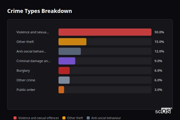 Crime Types Breakdown for Salhouse - showing Violence and sexual offences (50%), Other theft (15%), Anti-social behaviour (12%)
