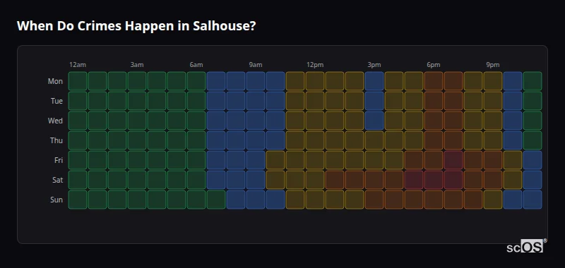 Crime time heatmap for Salhouse - showing when crimes are most likely to occur by day and hour