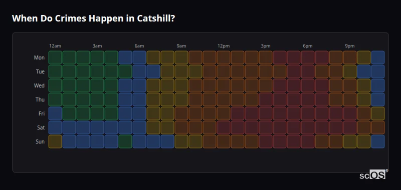 Crime time heatmap for Catshill - showing when crimes are most likely to occur by day and hour