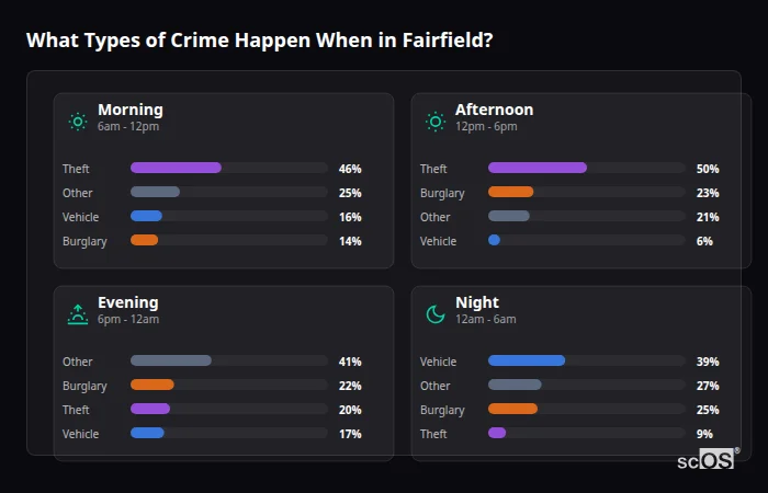 Crime types by time period for Fairfield - showing breakdown of burglary, violence, theft, and vehicle crime by morning, afternoon, evening, and night