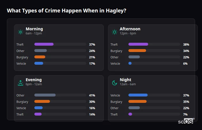 Crime types by time period for Hagley - showing breakdown of burglary, violence, theft, and vehicle crime by morning, afternoon, evening, and night
