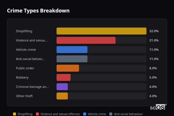 Crime Types Breakdown for Hunnington - showing Shoplifting (32%), Violence and sexual offences (21%), Vehicle crime (11%)