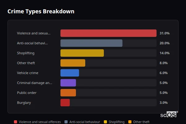 Crime Types Breakdown for Cheshunt - showing Violence and sexual offences (31%), Anti-social behaviour (20%), Shoplifting (14%)