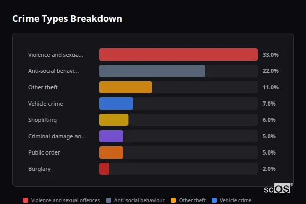 Crime Types Breakdown for Hoddesdon - showing Violence and sexual offences (33%), Anti-social behaviour (22%), Other theft (11%)
