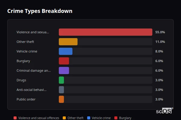 Crime Types Breakdown for Aston Abbotts - showing Violence and sexual offences (55%), Other theft (11%), Vehicle crime (8%)