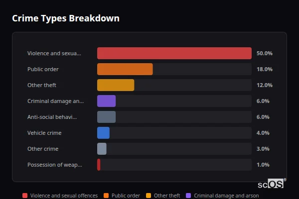 Crime Types Breakdown - Bierton Crime Types Breakdown for Bierton - showing Violence and sexual offences (50%), Public order (18%), Other theft (12%)