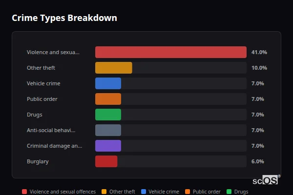 Crime Types Breakdown - Bourne End Crime Types Breakdown for Bourne End - showing Violence and sexual offences (41%), Other theft (10%), Vehicle crime (7%)