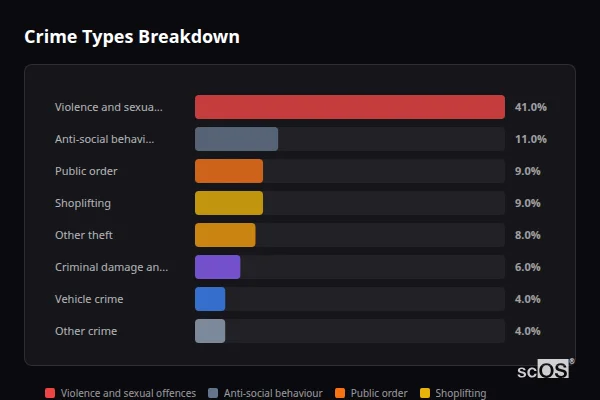 Crime Types Breakdown for Buckingham - showing Violence and sexual offences (41%), Anti-social behaviour (11%), Public order (9%)