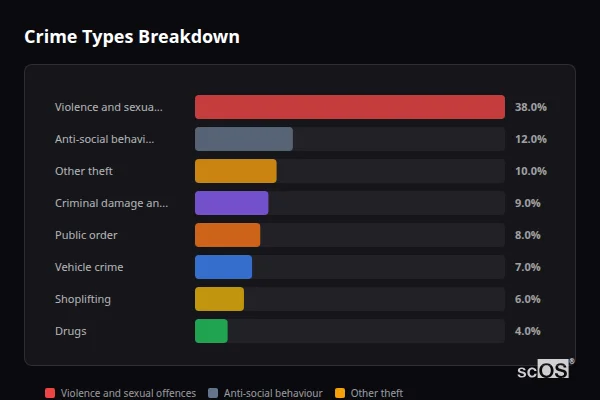 Crime Types Breakdown for Flackwell Heath and Wooburn Green - showing Violence and sexual offences (38%), Anti-social behaviour (12%), Other theft (10%)