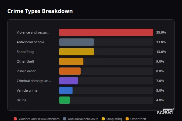 Crime Types Breakdown for High Wycombe - showing Violence and sexual offences (35%), Anti-social behaviour (13%), Shoplifting (13%)
